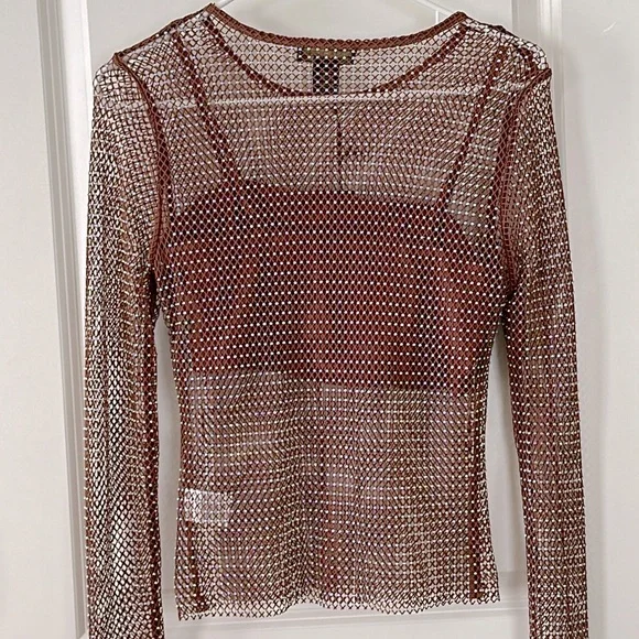 🆕 House of Harlow 1960 Brown Open Stitch Top - Picture 4 of 6